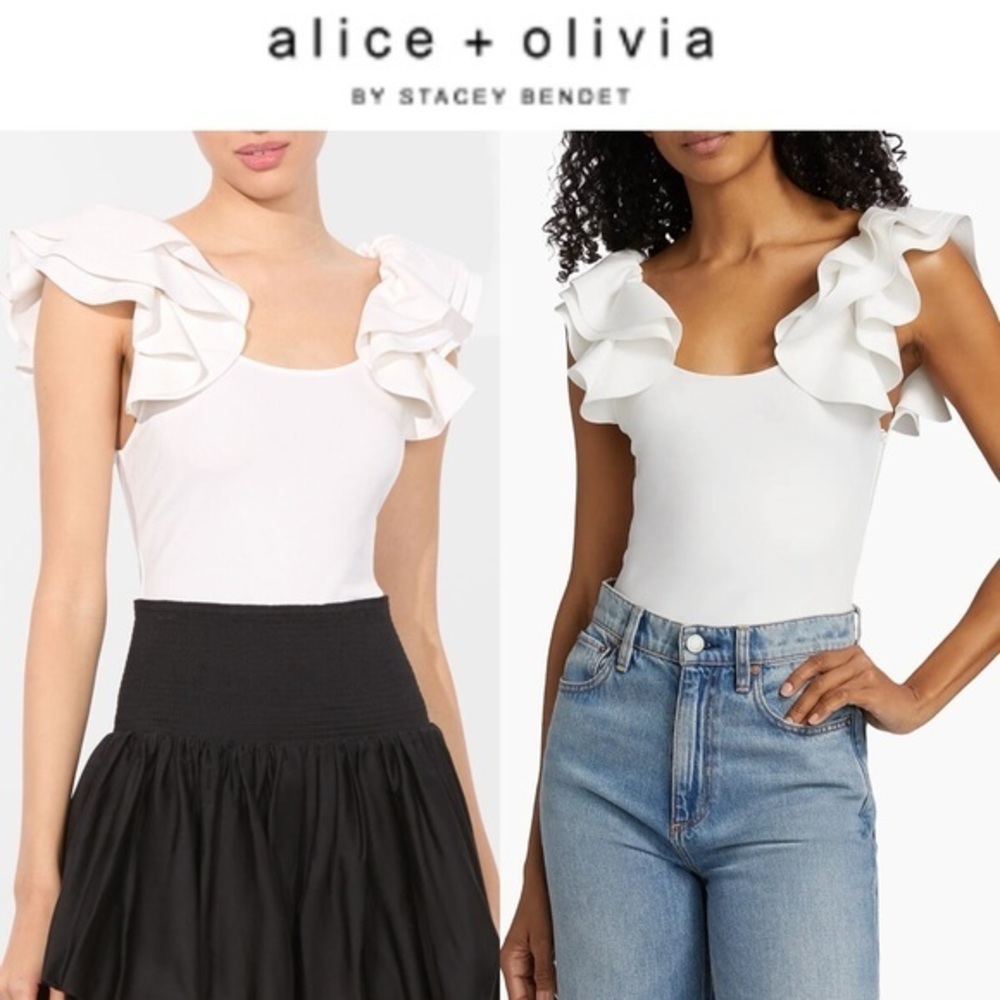 Alice + Olivia Tawny White Ruffle Sleeve Top Bodysuit Sz L NWT 299$